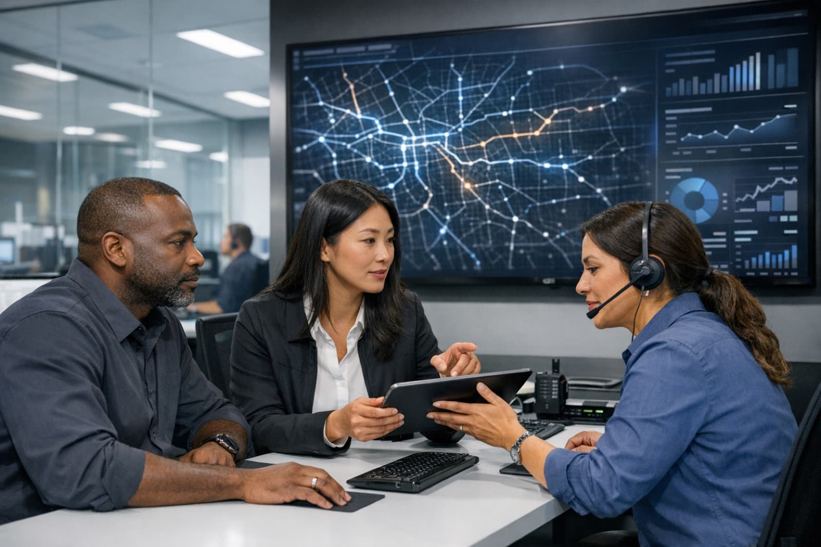 Fleet operators reviewing routes and dispatch performance.