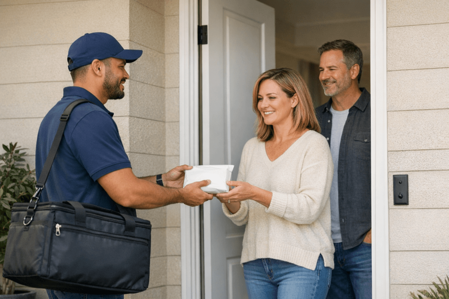 Prescription delivery handoff at a front door with a caregiver nearby.