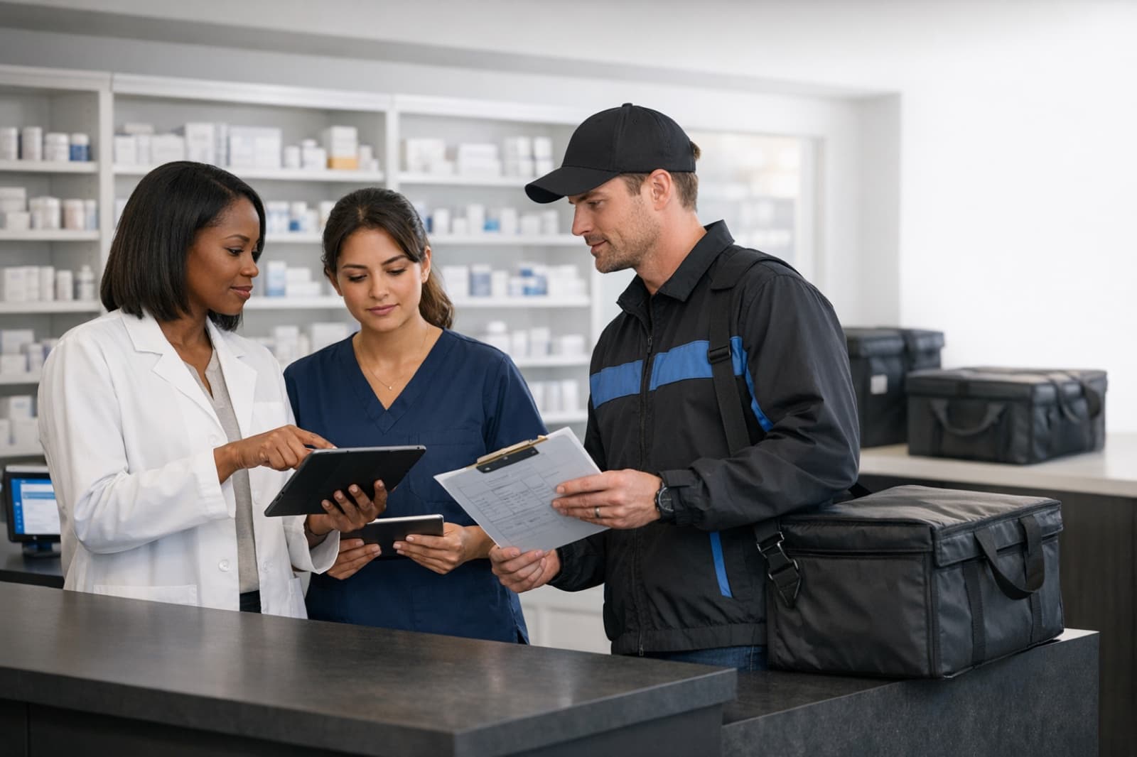 Pharmacy team coordinating a verified courier handoff.