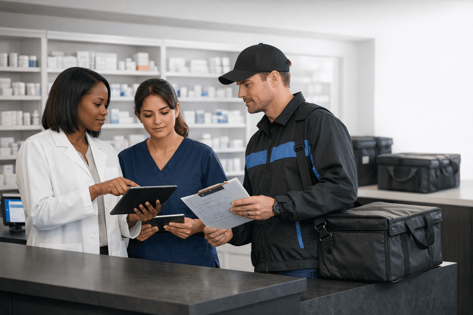 Pharmacy team coordinating a verified courier handoff.