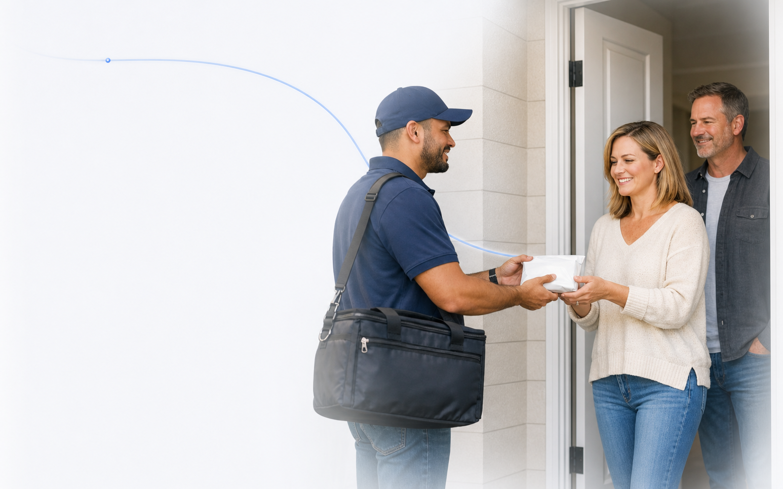 A local courier handing an order directly to a customer at her door
