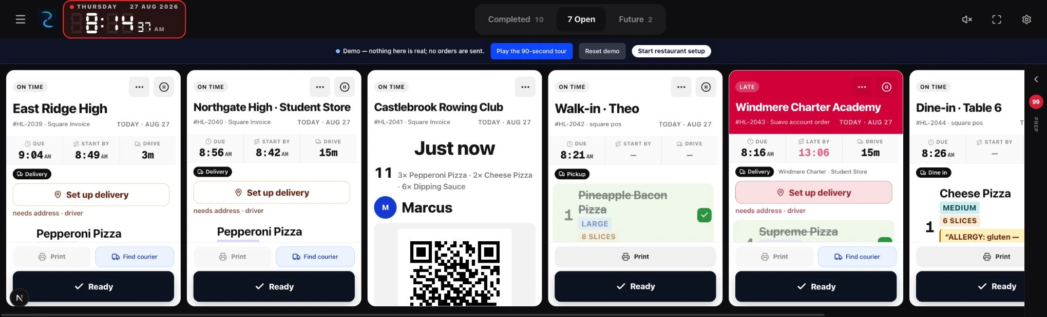 The Suavo KDS board with tickets, timers and delivery status