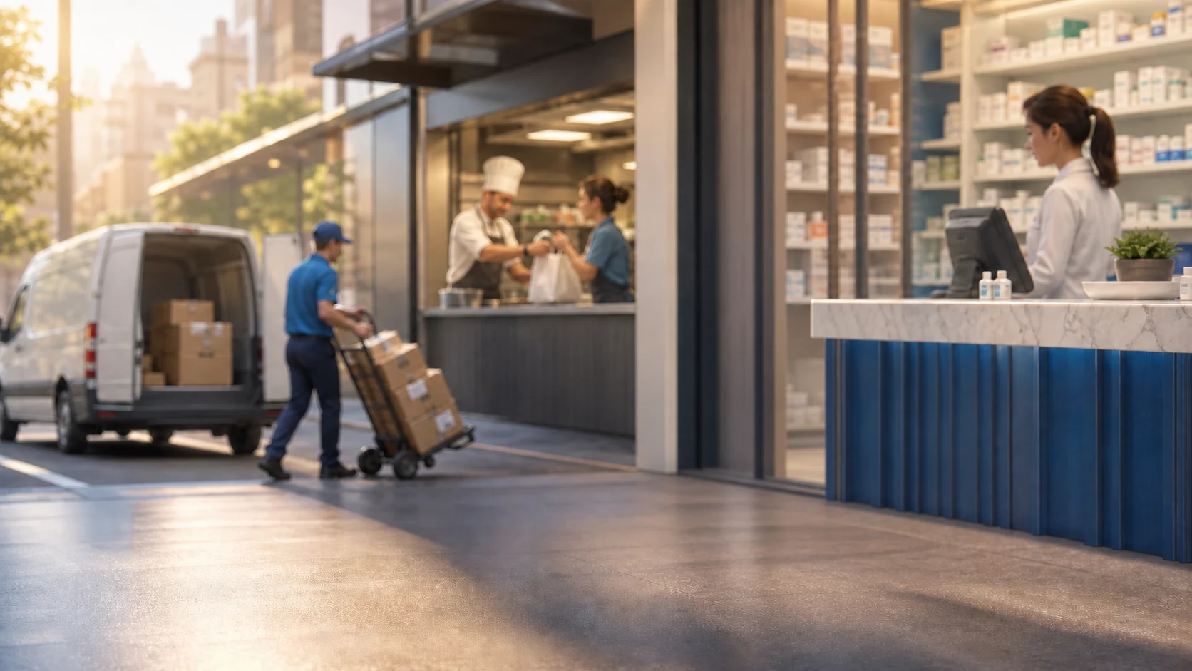 A pharmacy, restaurant kitchen, and local delivery team operating side by side