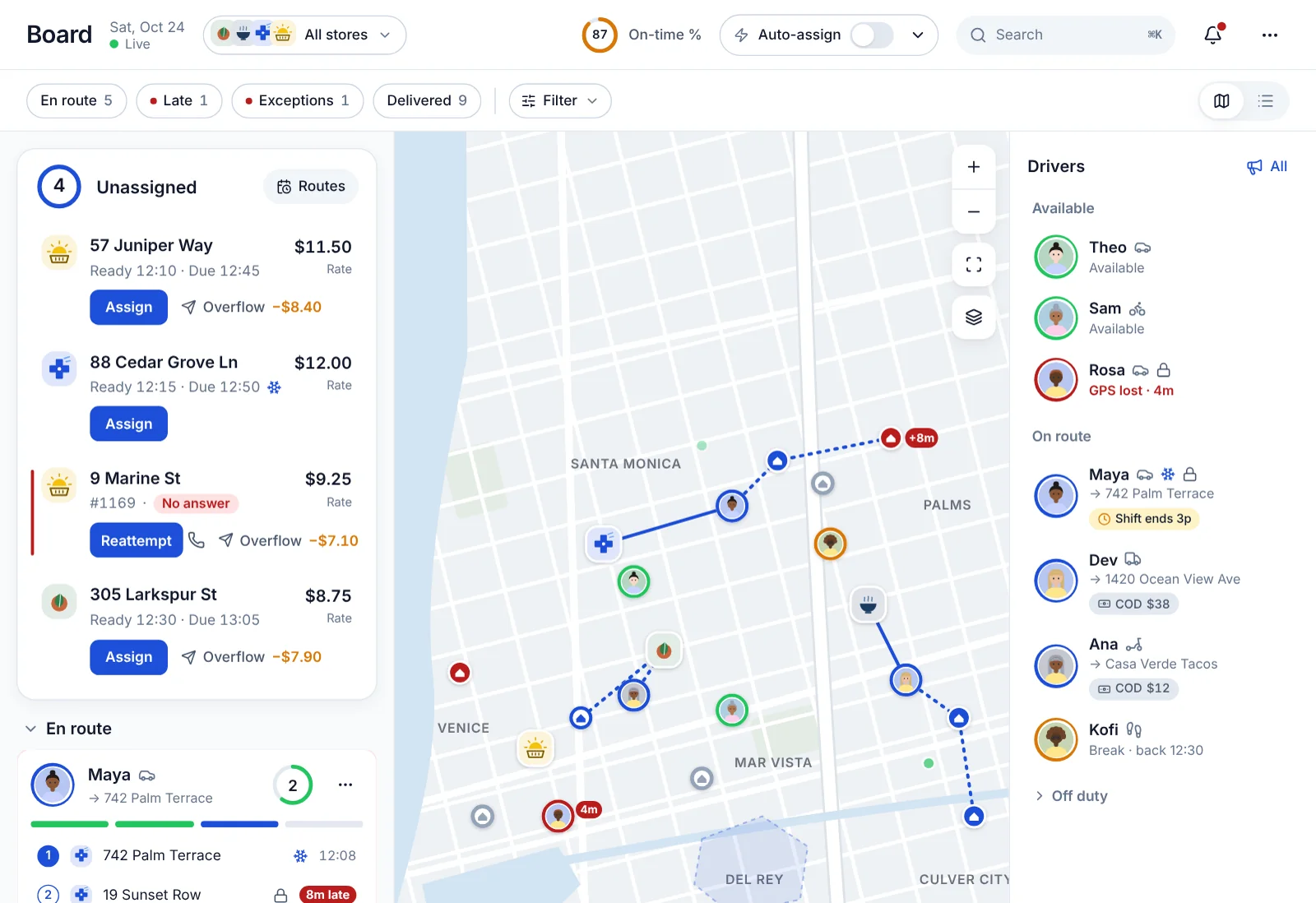 The dispatch board: unassigned jobs, a live map and driver status